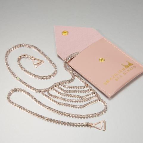 rose gold bra straps with rhinestones in a gift pouch