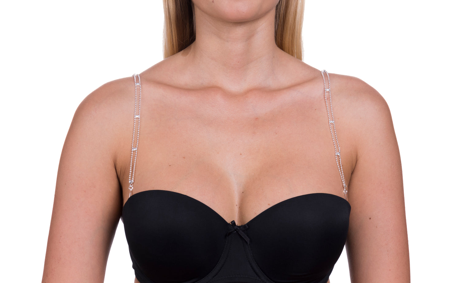 silver bra straps with small crystals on light skin